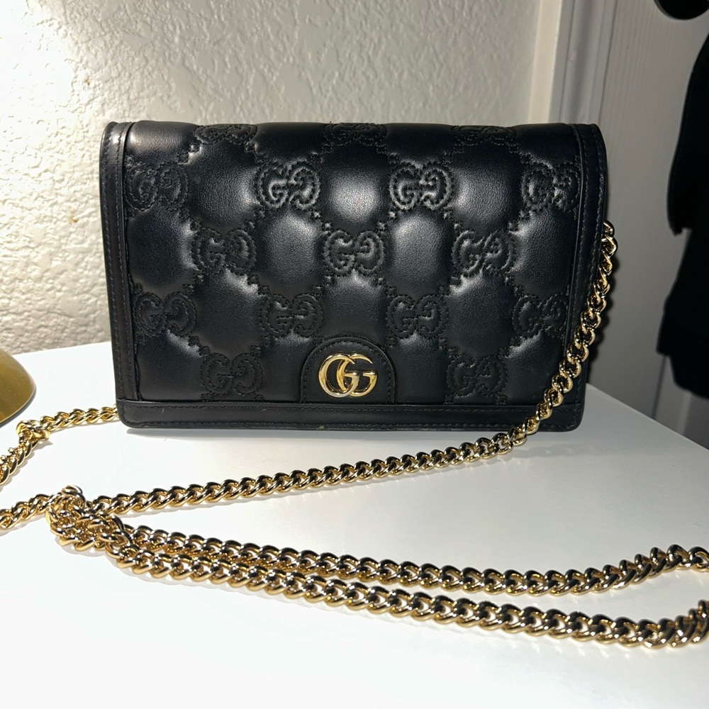 Gucci Black Leather Wallet with Gold Chain